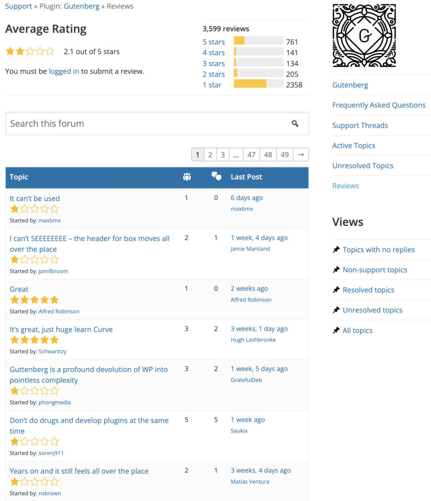 page with reviews about Gutenberg
