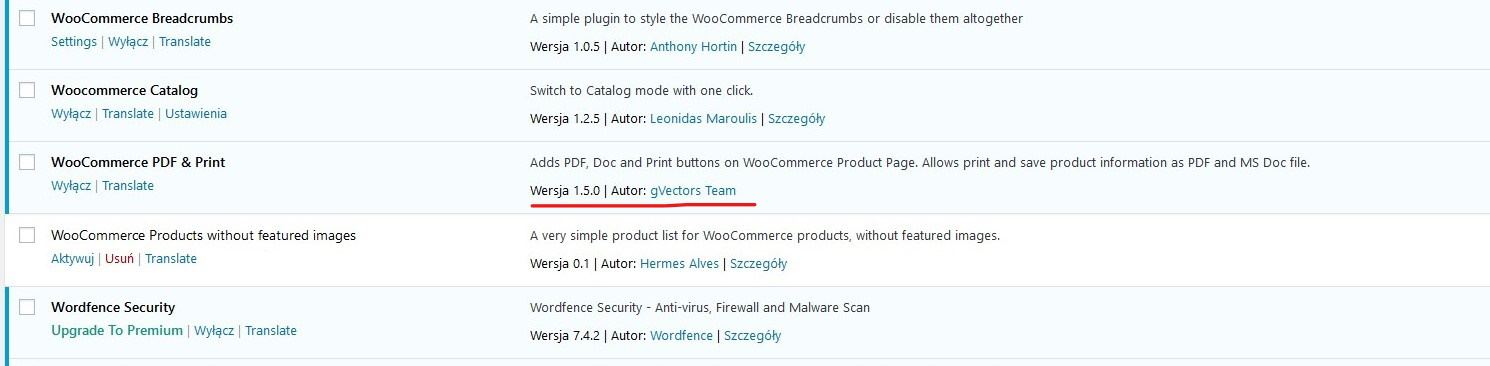 Screen from WordPress with a list of plugins