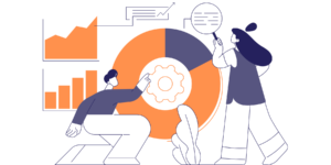 The graphic shows two people analyzing a graph.