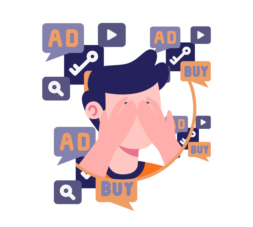 The graphic shows a man covering his eyes with his hands. Icons symbolizing advertisements float around him. 