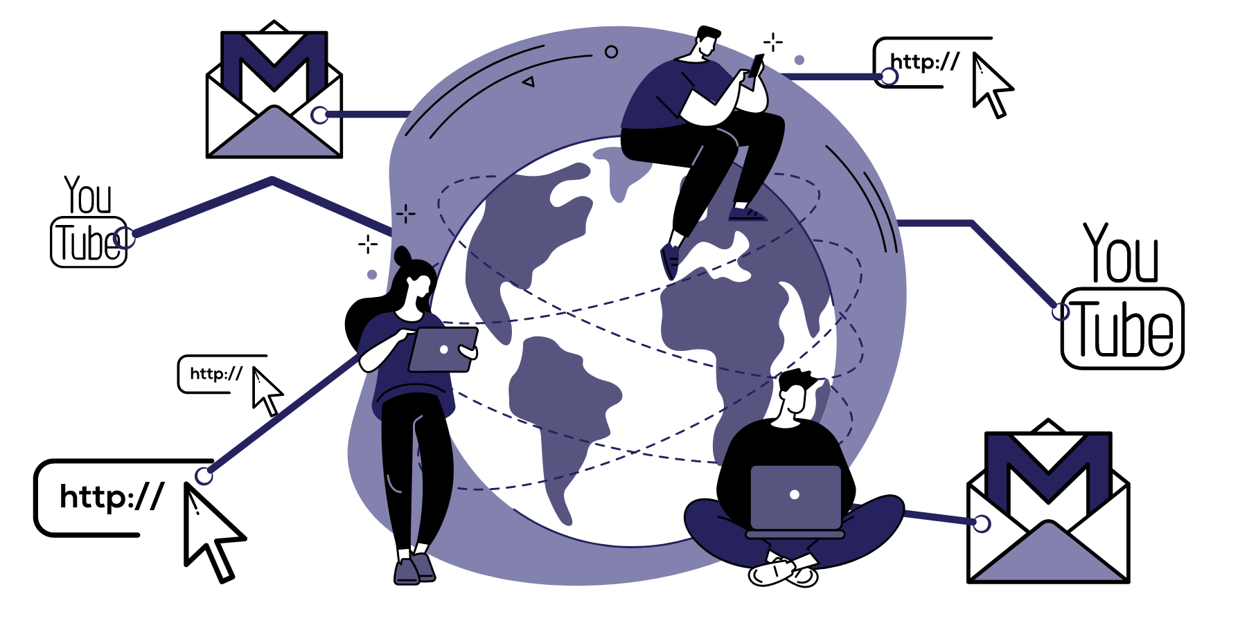 Graphic showing people with devices against the background of the planet. Connections between email, sites, YouTube are shown. The graphic symbolizes Google's advertising network. 