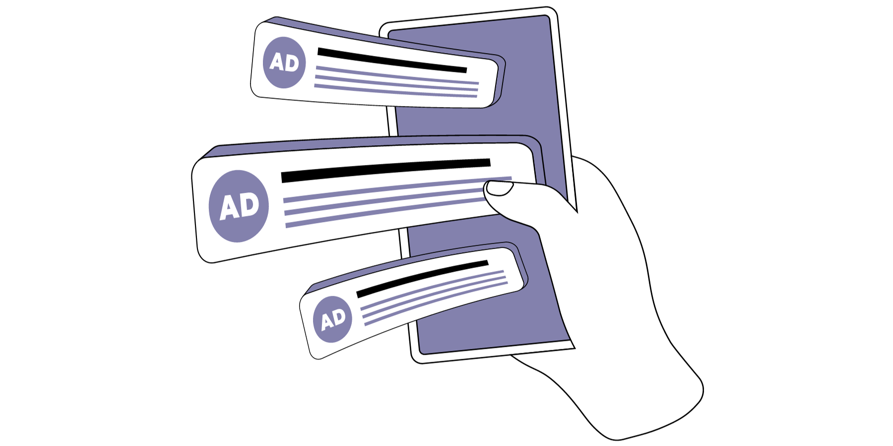 Najczęściej popełniane błędy - treść - WP Care The graphic shows a hand holding a phone, from which advertising messages emerge.