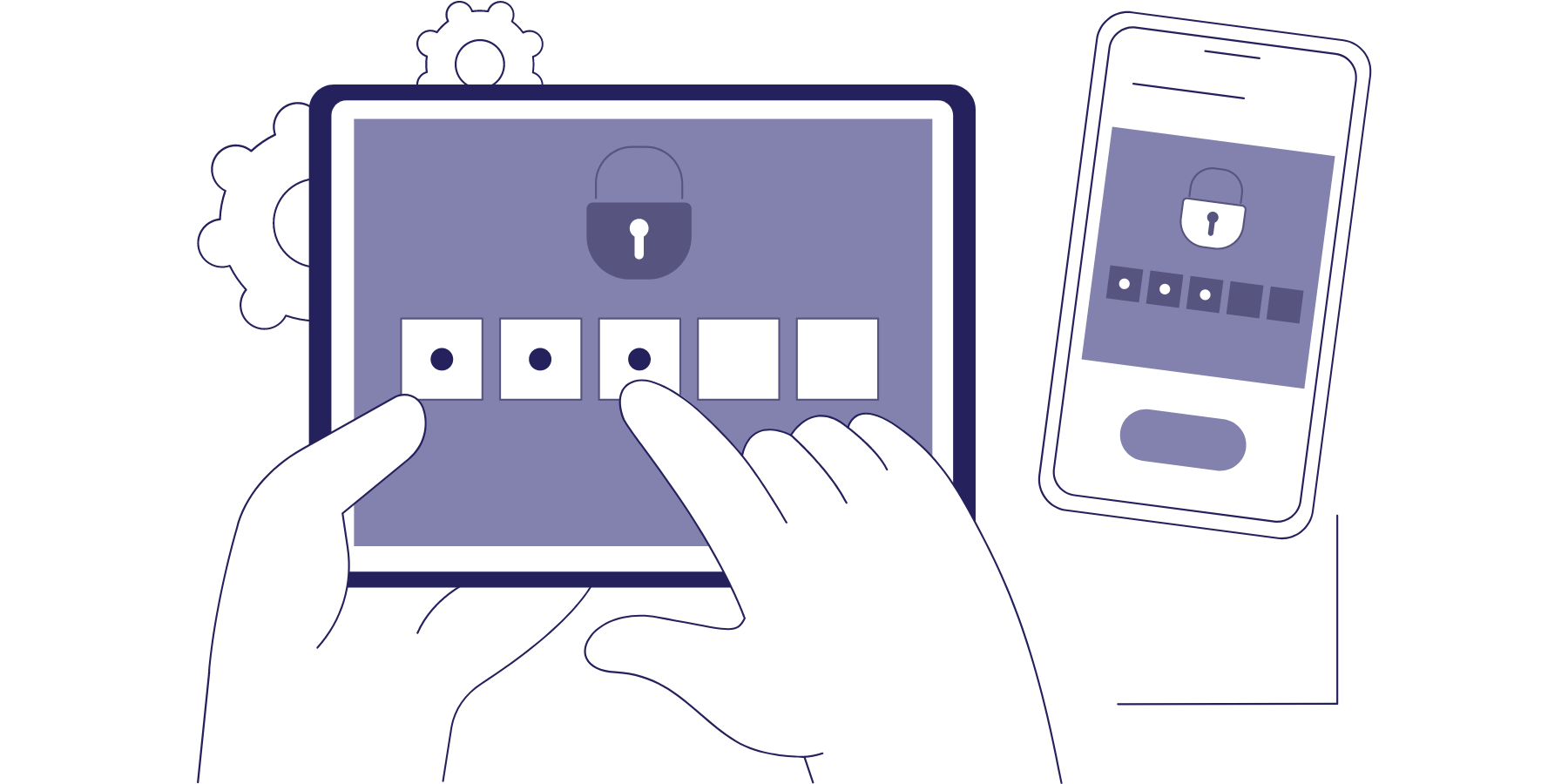Uwierzytelnianie dwuetapowe - treść - WP Care The graphic shows mobile devices displaying a padlock and a place to enter a password
