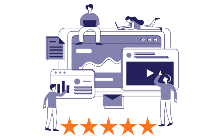 Wynik jakości - treść - WP Care The graphic shows people with computers working on an advertising creative. A star scale is shown at the bottom, referring to the quality score.