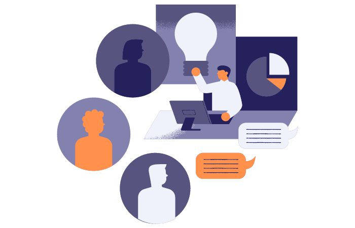 Jak określić grupę docelową - treść - WP Care Graphic showing images of people and a man sitting in front of a computer. Symbolises the development of a marketing persona.