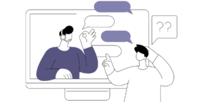 The graphic shows a man providing technical support to another man. 