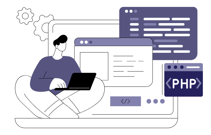 The graphic shows a man with a computer, working with the site's code. 