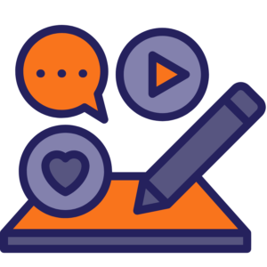 Sztuczna inteligencja - treść 2 - WP Care An image depicting a notebook with a pencil and chat bubbles. One bubble contains a play button, another an ellipsis, and the last a heart. The image refers to content creation using AI.